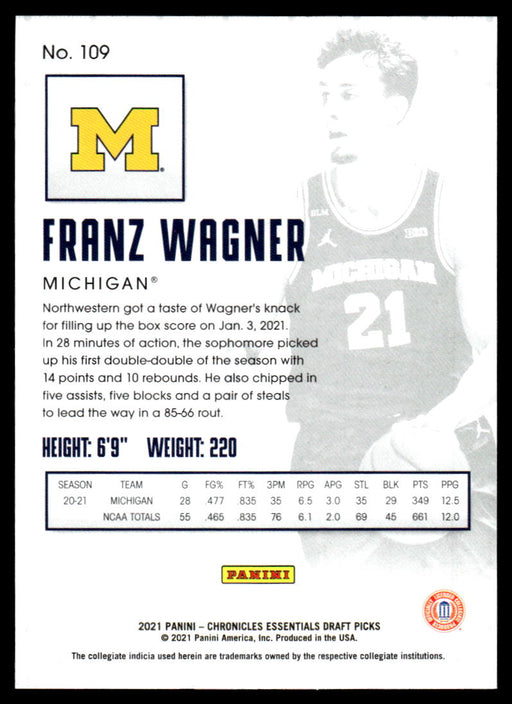 Franz Wagner 2021 Panini Chronicles Draft Picks Essentials Back of Card