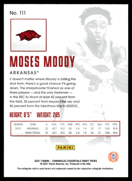 Moses Moody 2021 Panini Chronicles Draft Picks Essentials Back of Card