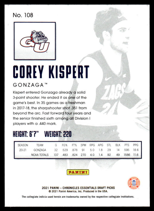 Corey Kispert 2021 Panini Chronicles Draft Picks Essentials Back of Card