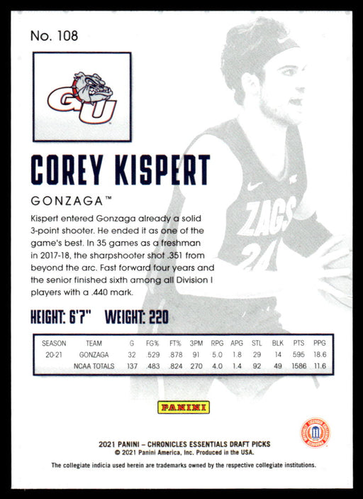 Corey Kispert 2021 Panini Chronicles Draft Picks Essentials Back of Card