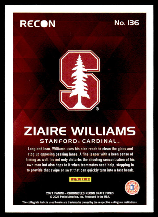 Ziaire Williams 2021 Panini Chronicles Draft Picks Recon Back of Card