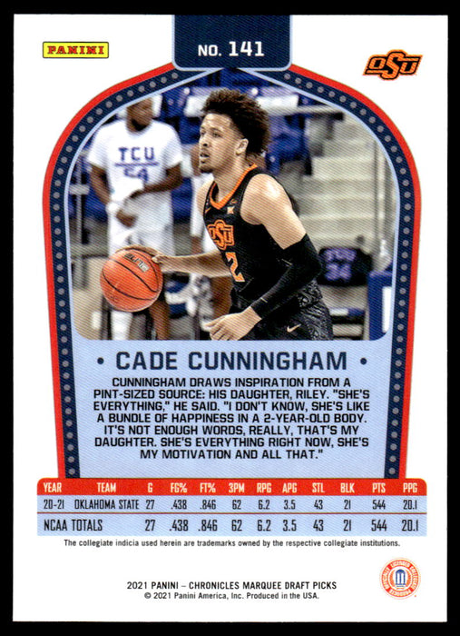 Cade Cunningham 2021 Panini Chronicles Draft Picks Marquee Back of Card