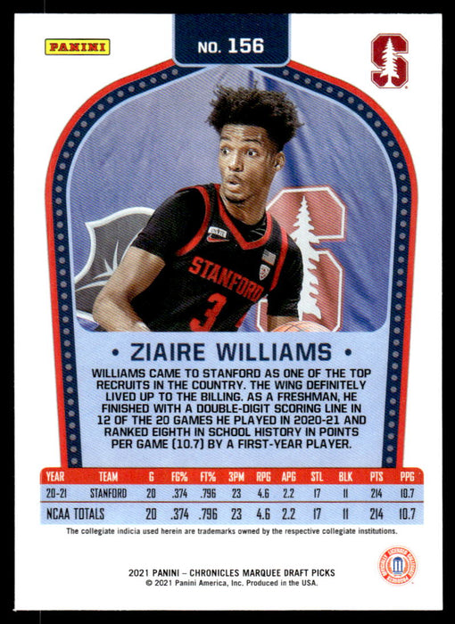 Ziaire Williams 2021 Panini Chronicles Draft Picks Marquee Back of Card