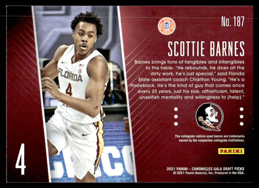 Scottie Barnes 2021 Panini Chronicles Draft Picks Gala Rookies Back of Card