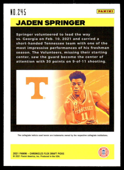 Jaden Springer 2021 Panini Chronicles Draft Picks Flux Back of Card