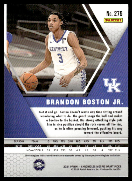 Brandon Boston Jr. 2021 Panini Chronicles Draft Picks Mosaic Back of Card