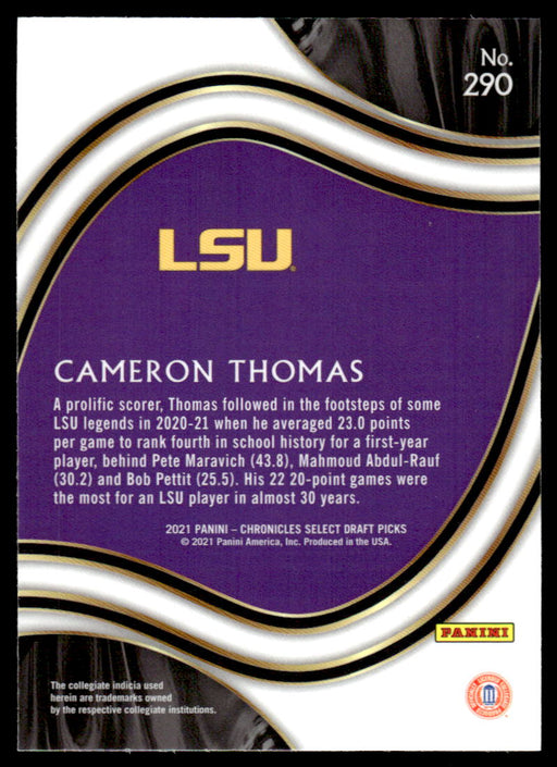 Cameron Thomas 2021 Panini Chronicles Draft Picks Select Back of Card