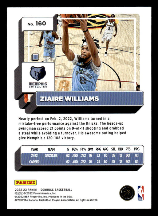 Ziaire Williams 2022-23 Panini Donruss Basketball Green Holo Laser Back of Card