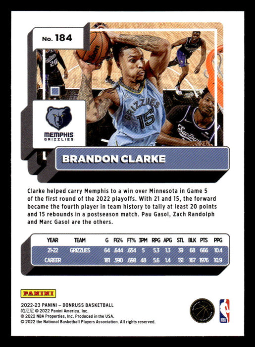 Brandon Clarke 2022-23 Panini Donruss Basketball Green Holo Laser Back of Card