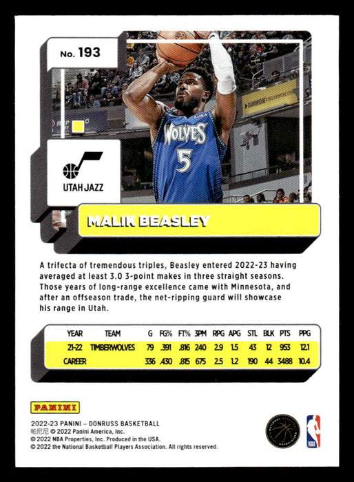 Malik Beasley 2022-23 Panini Donruss Basketball Green Holo Laser Back of Card