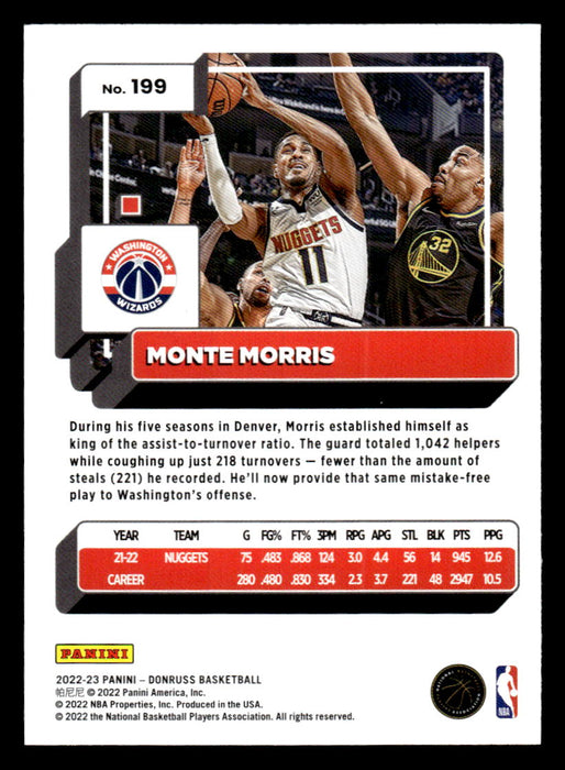 Monte Morris 2022-23 Panini Donruss Basketball Green Holo Laser Back of Card