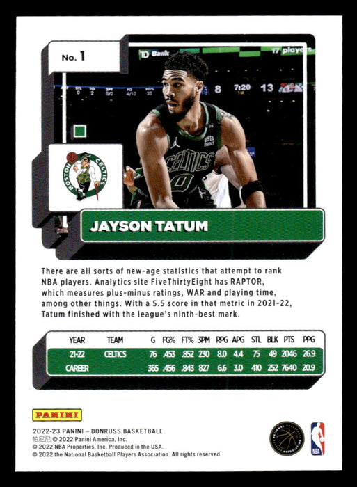 Jayson Tatum 2022-23 Panini Donruss Basketball Base Back of Card