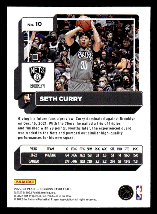 Seth Curry 2022-23 Panini Donruss Basketball Base Back of Card