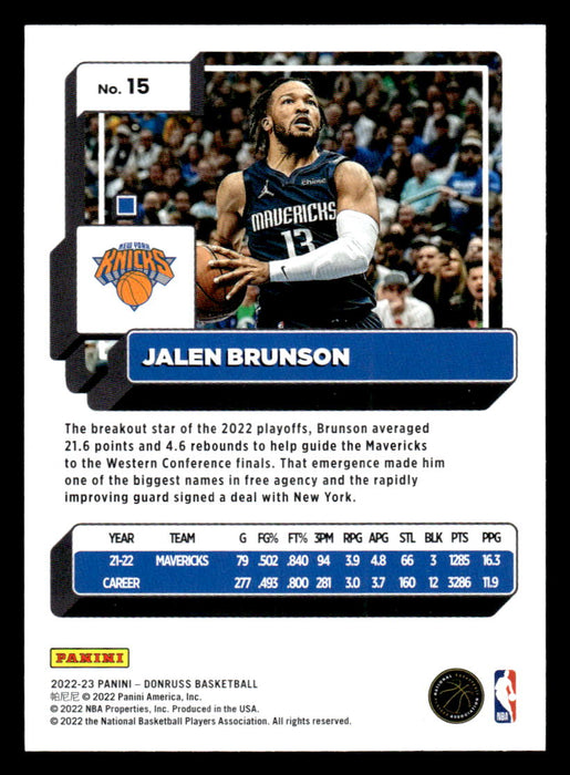 Jalen Brunson 2022-23 Panini Donruss Basketball Base Back of Card