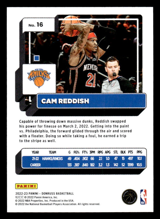 Cam Reddish 2022-23 Panini Donruss Basketball Base Back of Card