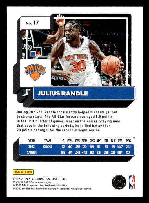 Julius Randle 2022-23 Panini Donruss Basketball Base Back of Card