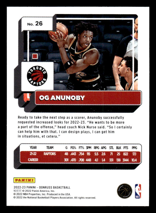 OG Anunoby 2022-23 Panini Donruss Basketball Base Back of Card