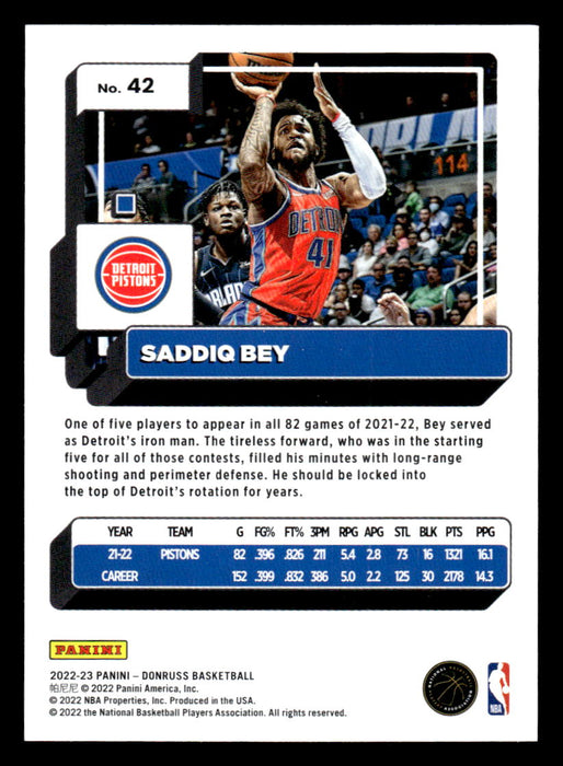 Saddiq Bey 2022-23 Panini Donruss Basketball Base Back of Card