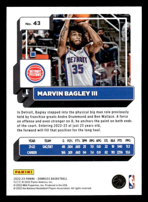 Marvin Bagley III 2022-23 Panini Donruss Basketball Base Back of Card