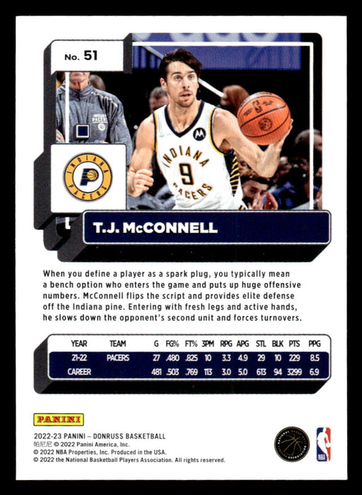 T.J. McConnell 2022-23 Panini Donruss Basketball Base Back of Card