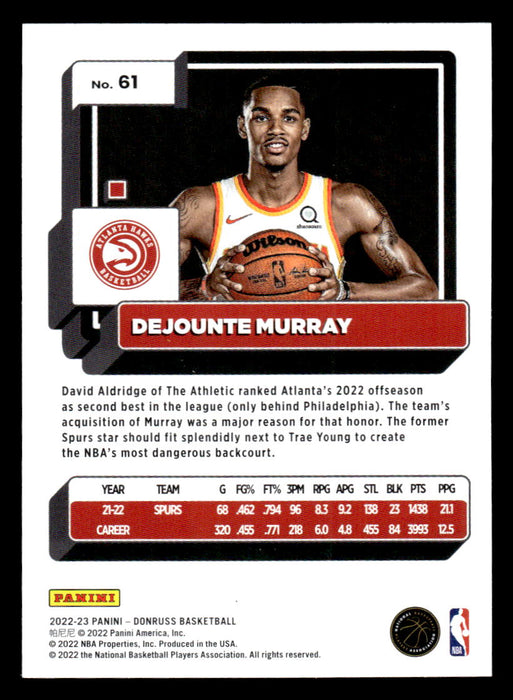 Dejounte Murray 2022-23 Panini Donruss Basketball Base Back of Card