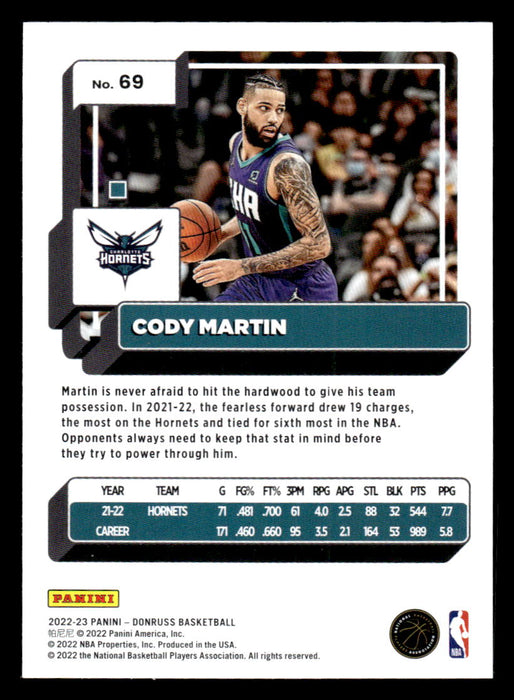 Cody Martin 2022-23 Panini Donruss Basketball Base Back of Card