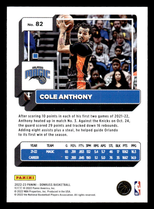 Cole Anthony 2022-23 Panini Donruss Basketball Base Back of Card