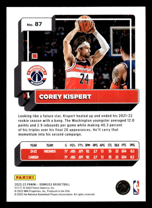 Corey Kispert 2022-23 Panini Donruss Basketball Base Back of Card