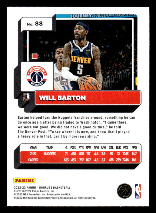 Will Barton 2022-23 Panini Donruss Basketball Base Back of Card