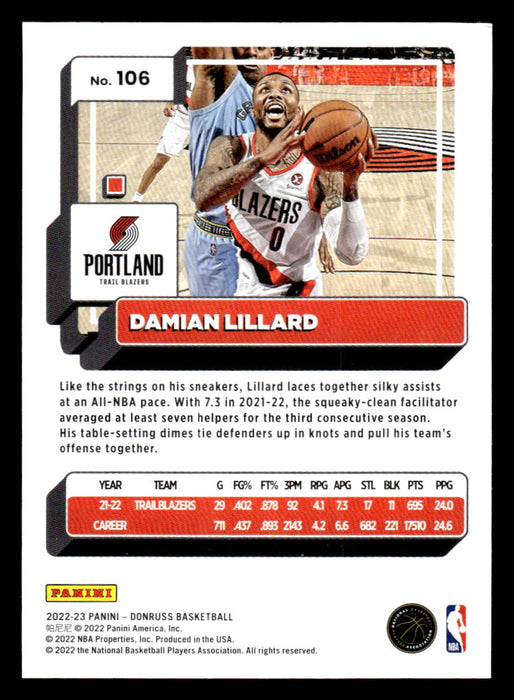 Damian Lillard 2022-23 Panini Donruss Basketball Base Back of Card