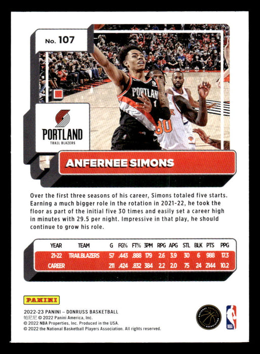 Anfernee Simons 2022-23 Panini Donruss Basketball Base Back of Card