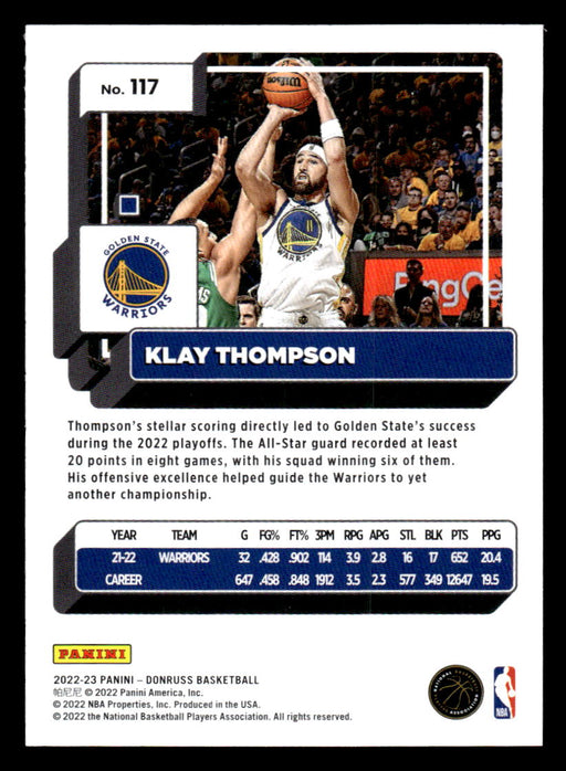 Klay Thompson 2022-23 Panini Donruss Basketball Base Back of Card