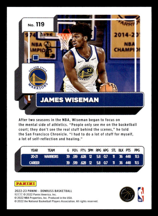 James Wiseman 2022-23 Panini Donruss Basketball Base Back of Card