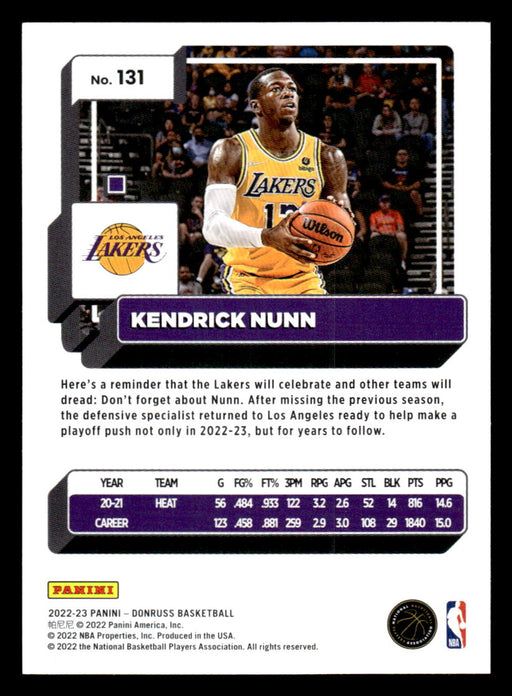 Kendrick Nunn 2022-23 Panini Donruss Basketball Base Back of Card