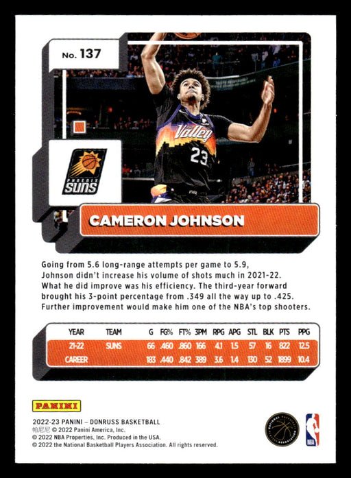 Cameron Johnson 2022-23 Panini Donruss Basketball Base Back of Card