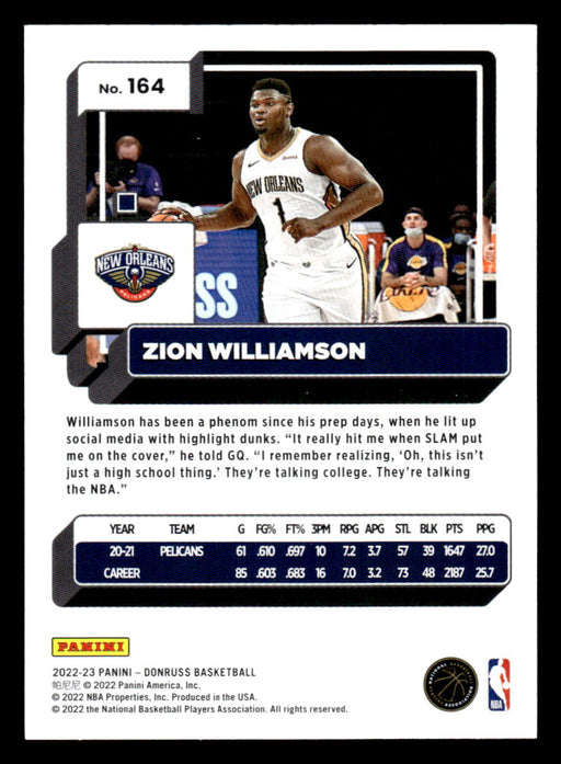 Zion Williamson 2022-23 Panini Donruss Basketball Base Back of Card