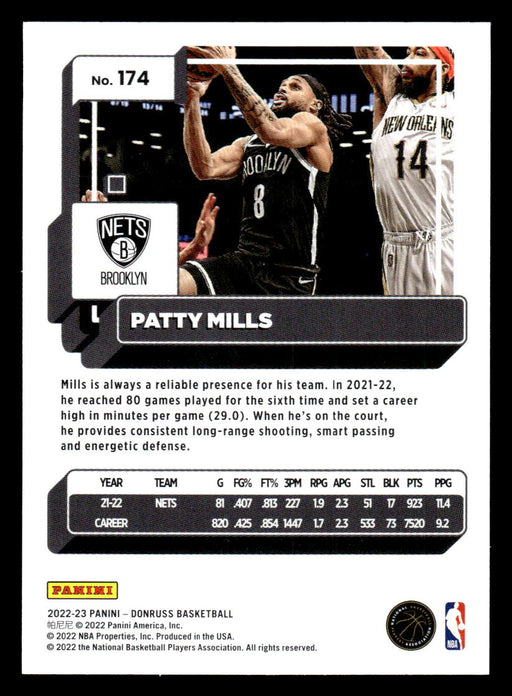 Patty Mills 2022-23 Panini Donruss Basketball Base Back of Card