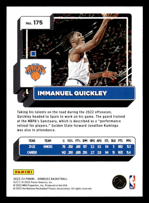 Immanuel Quickley 2022-23 Panini Donruss Basketball Base Back of Card