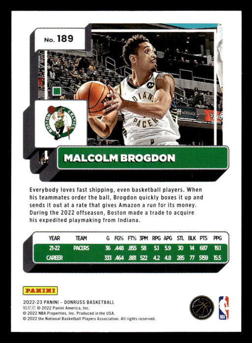 Malcolm Brogdon 2022-23 Panini Donruss Basketball Base Back of Card