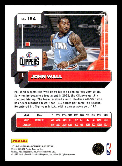 John Wall 2022-23 Panini Donruss Basketball Base Back of Card