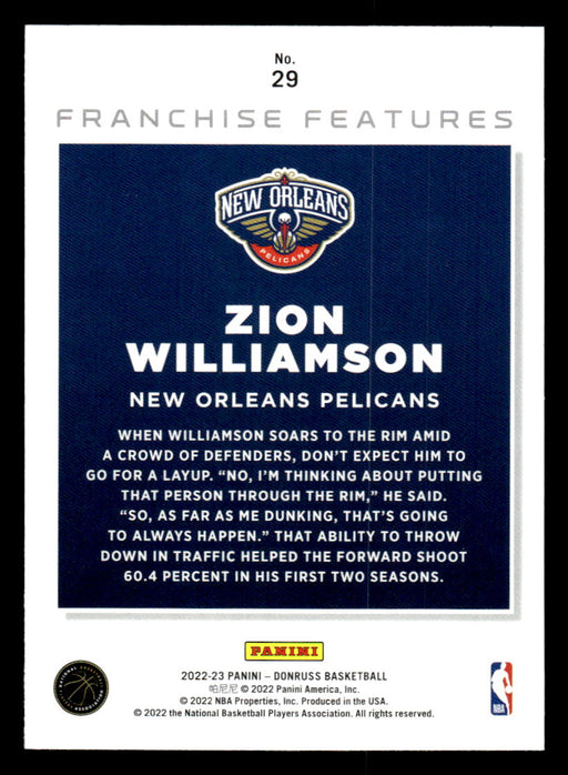 Zion Williamson 2022-23 Panini Donruss Basketball Franchise Features Back of Card