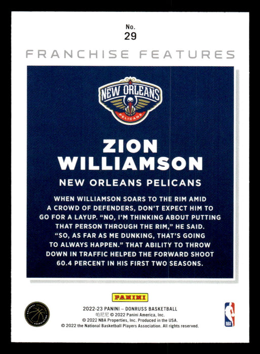 Zion Williamson 2022-23 Panini Donruss Basketball Franchise Features Back of Card