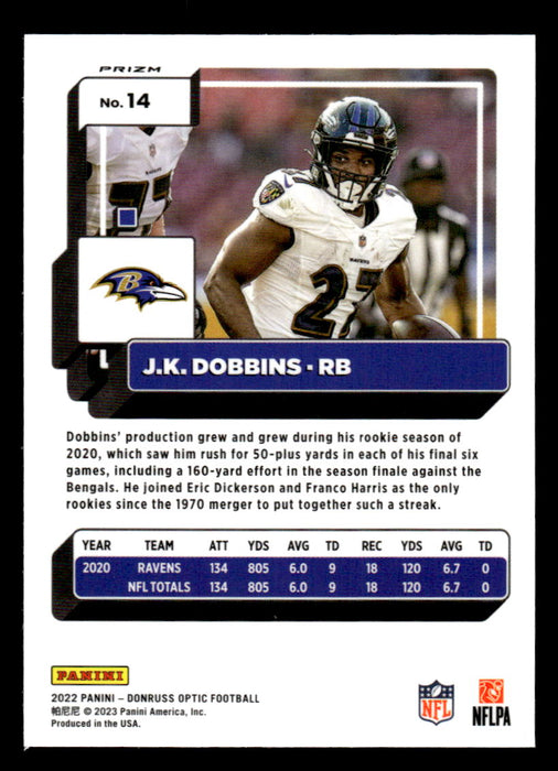 JK Dobbins 2022 Panini Donruss Optic Football Silver Prizm Back of Card