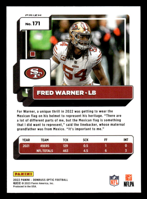 Fred Warner 2022 Panini Donruss Optic Football Silver Prizm Back of Card