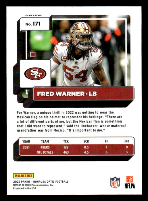 Fred Warner 2022 Panini Donruss Optic Football Silver Prizm Back of Card