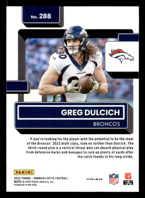 Greg Dulcich 2022 Panini Donruss Optic Football Pink Prizm Back of Card