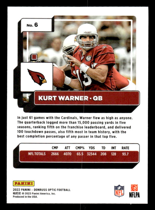 Kurt Warner 2022 Panini Donruss Optic Football Base Back of Card