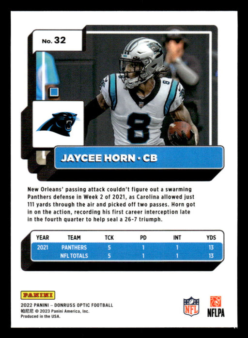 Jaycee Horn 2022 Panini Donruss Optic Football Base Back of Card