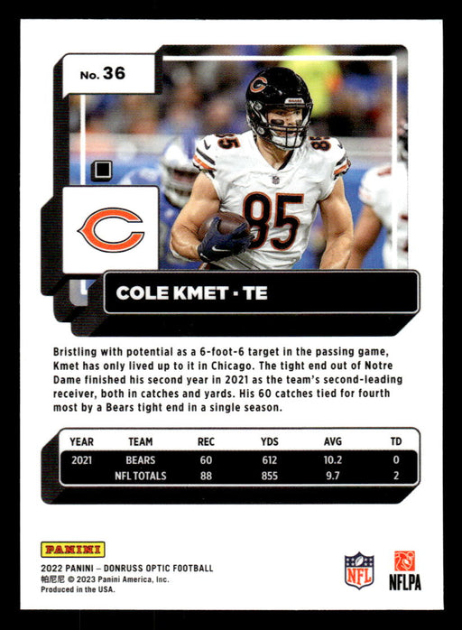 Cole Kmet 2022 Panini Donruss Optic Football Base Back of Card