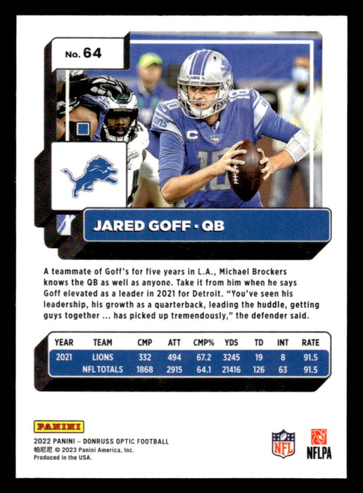 Jared Goff 2022 Panini Donruss Optic Football Base Back of Card